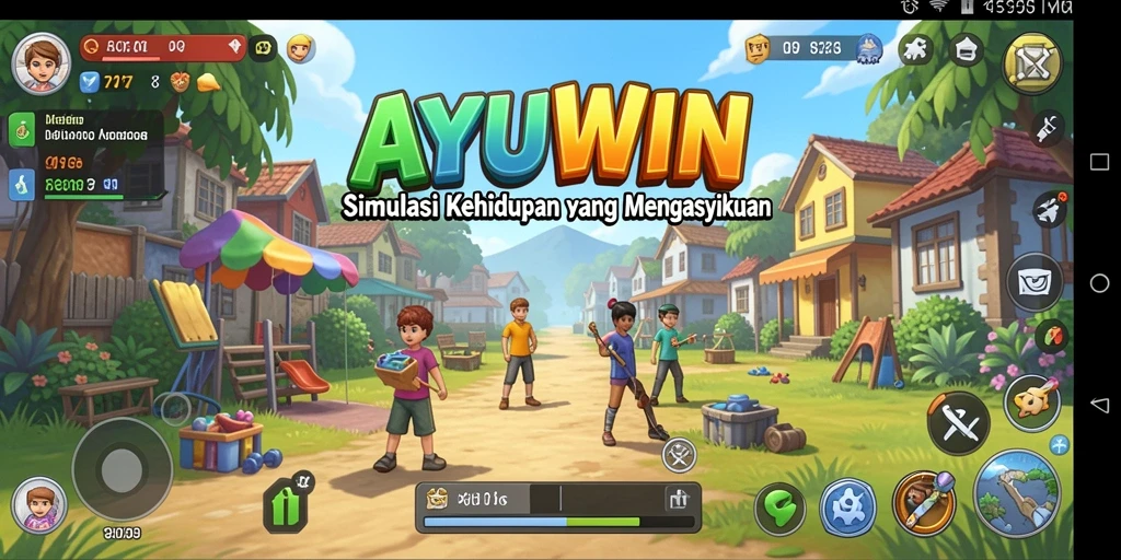 Screenshot gameplay AYUWIN yang menampilkan karakter dalam simulasi kehidupan.