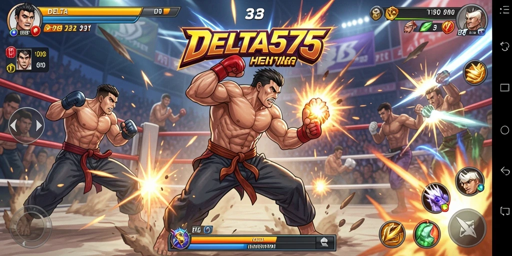 Gameplay mendebarkan dari DELTA575 dengan karakter bertarung di arena.