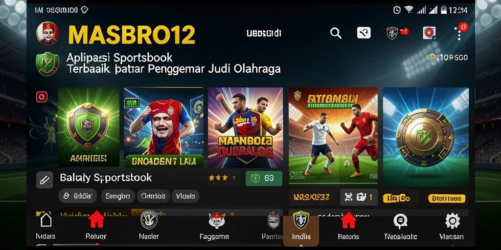 Screenshot utama MASBRO12 menampilkan tampilan antarmuka Sportsbook yang menarik.